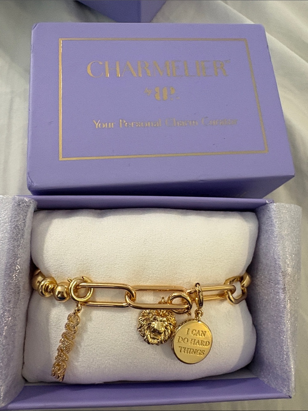 Charmelier Gold Lion Charm Bracelet with Inspirational Disc